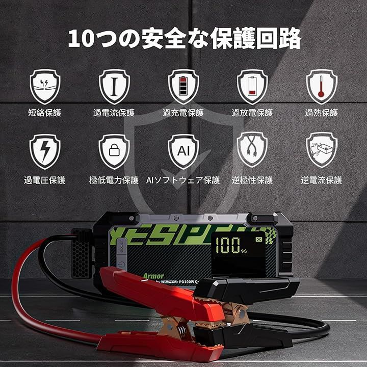 YESPER ジャンプスターター 12V車用ディスプレイ付き 4000A 最大10.0L