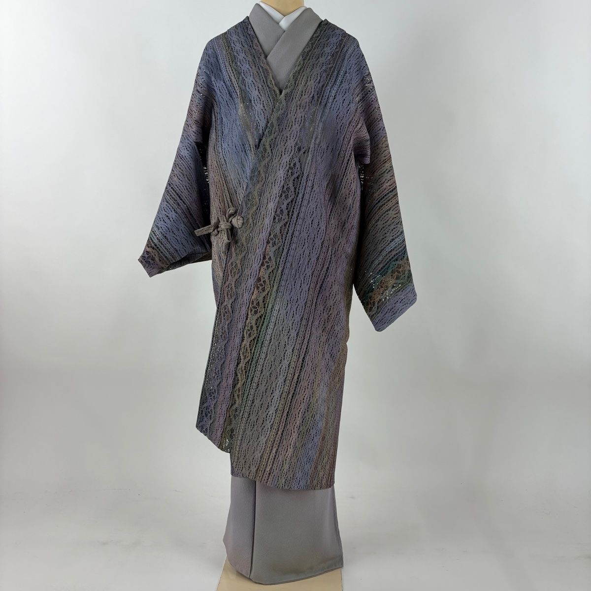 道中着 身丈112 cm 裄丈67 M 和装コート 幾何学模様 縞 薄紫 正絹