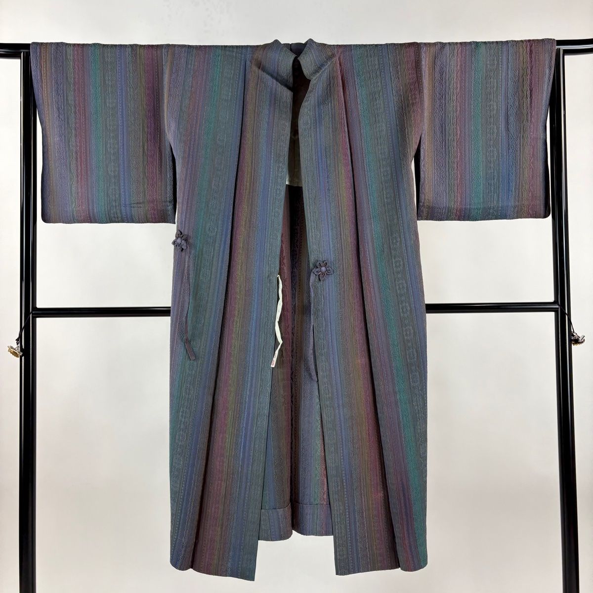  道中着 身丈122 cm 裄丈65 M 和装コート 落款 縦縞 地紋 青灰色 正絹 羽織 着物 浴衣