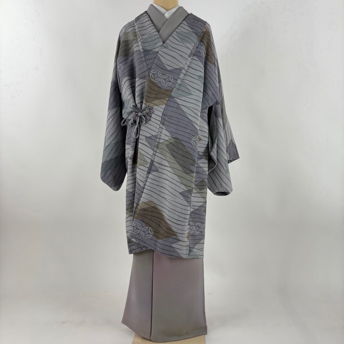 道中着 身丈102 5 cm 裄丈66 M 和装コート 七宝 波 青灰色 正絹
