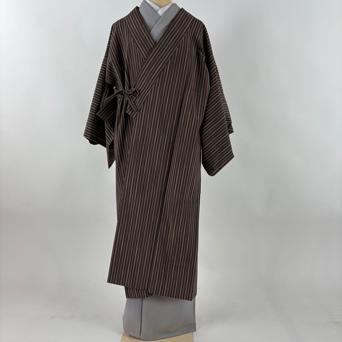 道中着 身丈119 cm 裄丈63 S 柿渋御召 和装コート 着物衿 縞 茶色 正絹