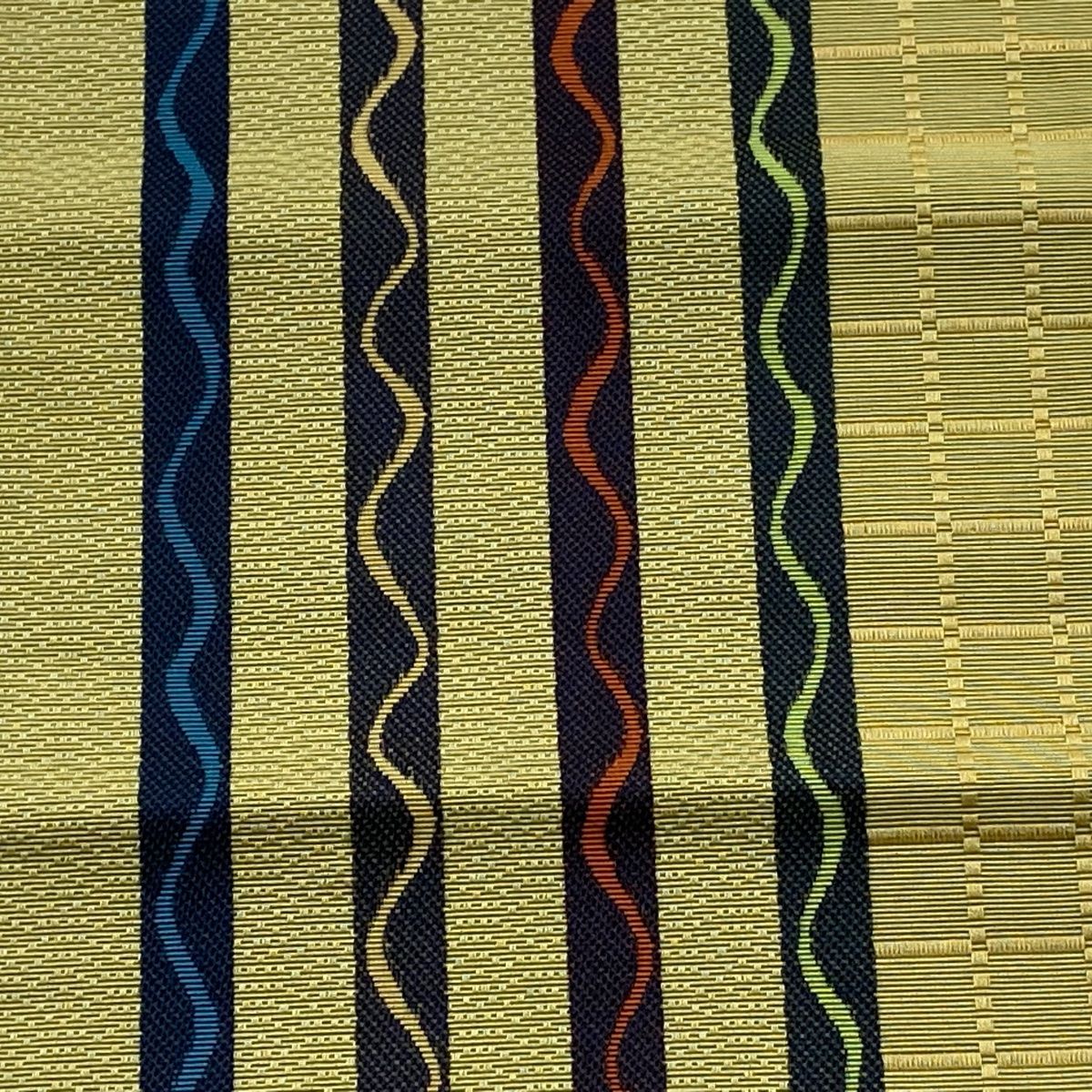 半幅帯 証紙 博多織 よろけ縞 格子 黄緑色 正絹