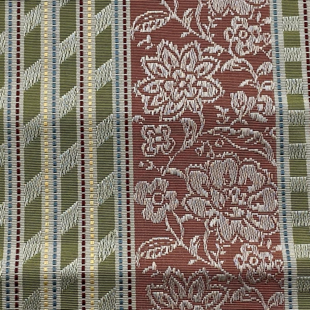 半幅帯 証紙 博多織 花唐草 縞 サーモンピンク 正絹