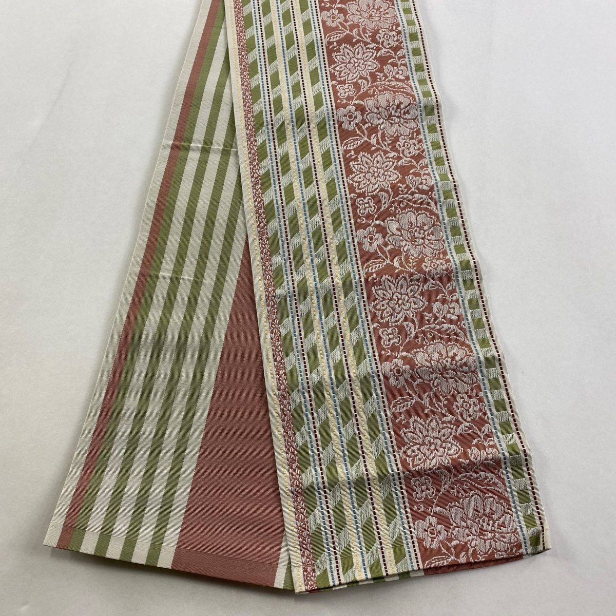 半幅帯 証紙 博多織 花唐草 縞 サーモンピンク 正絹