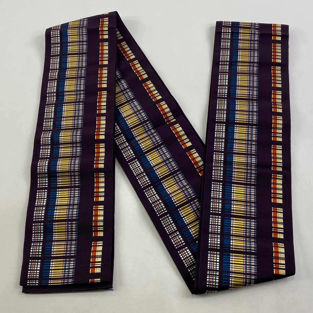  半幅帯 証紙 博多織 縞 茶紫 正絹 半巾 半幅 小袋帯 帯