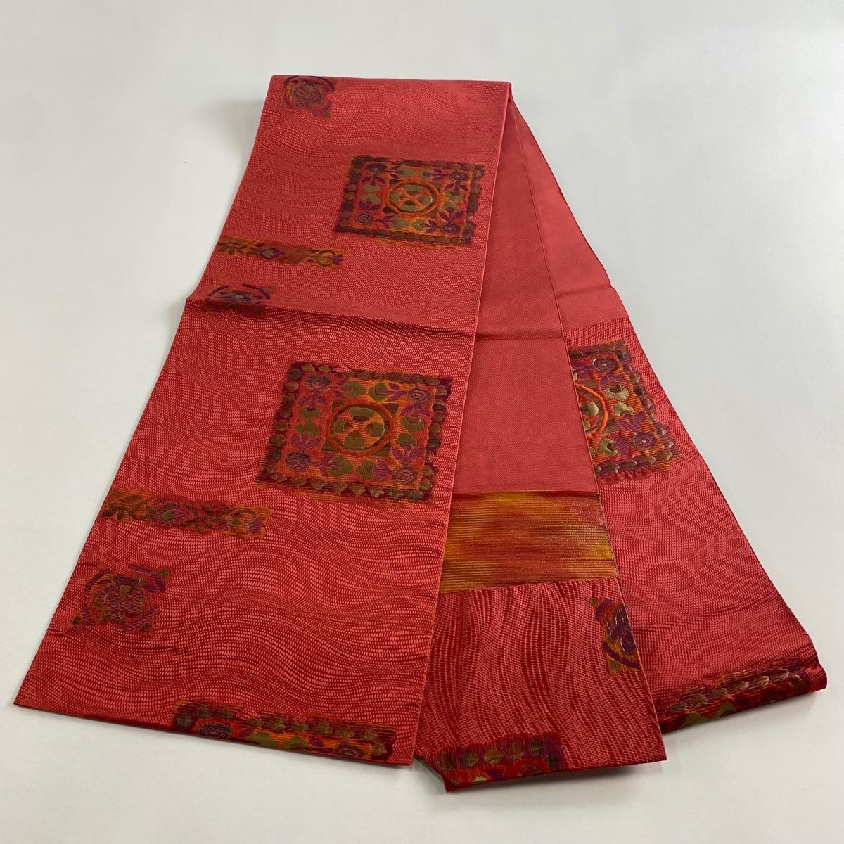 美品】 名古屋帯 優品 松葉仕立て 八寸名古屋帯 紬地 草花 幾何学模様