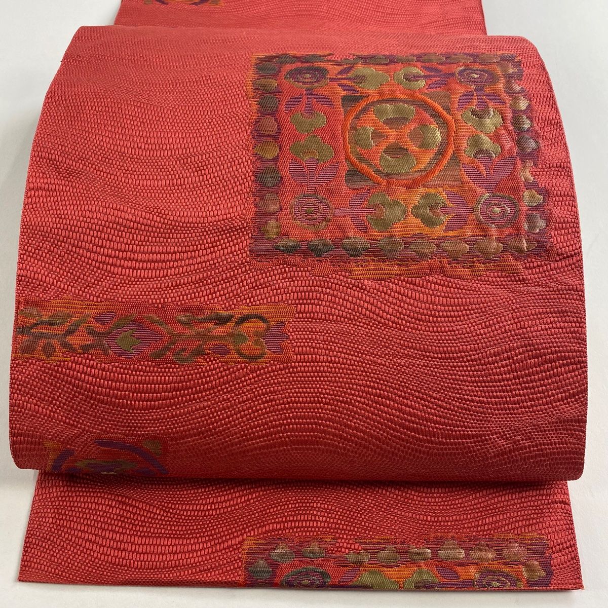 美品】 名古屋帯 優品 松葉仕立て 八寸名古屋帯 紬地 草花 幾何学模様