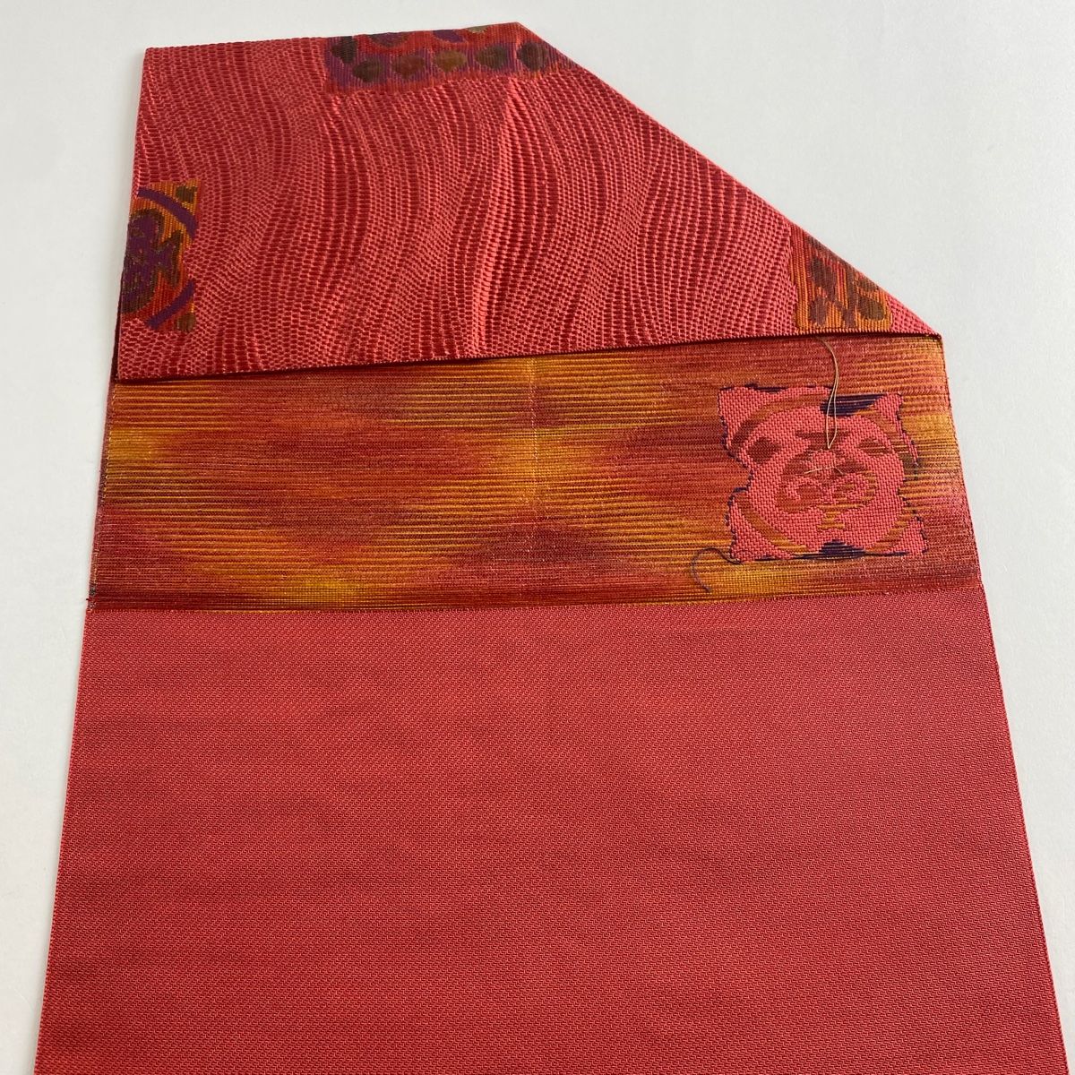 美品】 名古屋帯 優品 松葉仕立て 八寸名古屋帯 紬地 草花 幾何学模様