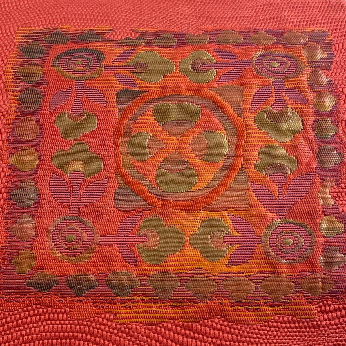 美品】 名古屋帯 優品 松葉仕立て 八寸名古屋帯 紬地 草花 幾何学模様