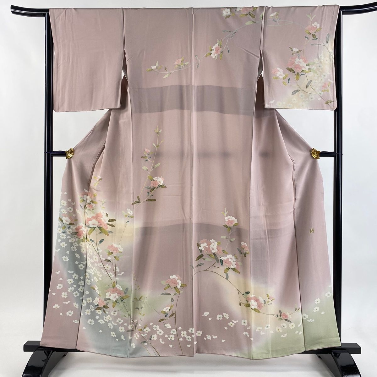 訪問着 身丈160 cm 裄丈65 M 袷 落款 枝花 花 ぼかし 薄小豆 正絹 秀品