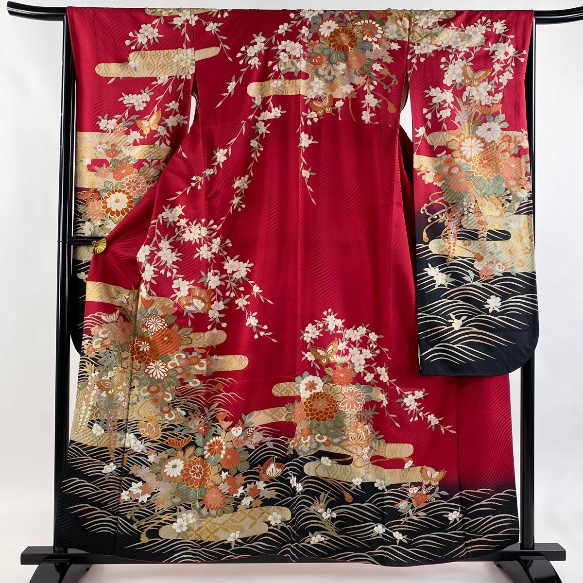 振袖 身丈158.5 cm 裄丈66 M 袷 菊 蝶 金彩 ぼかし 赤 正絹 秀品