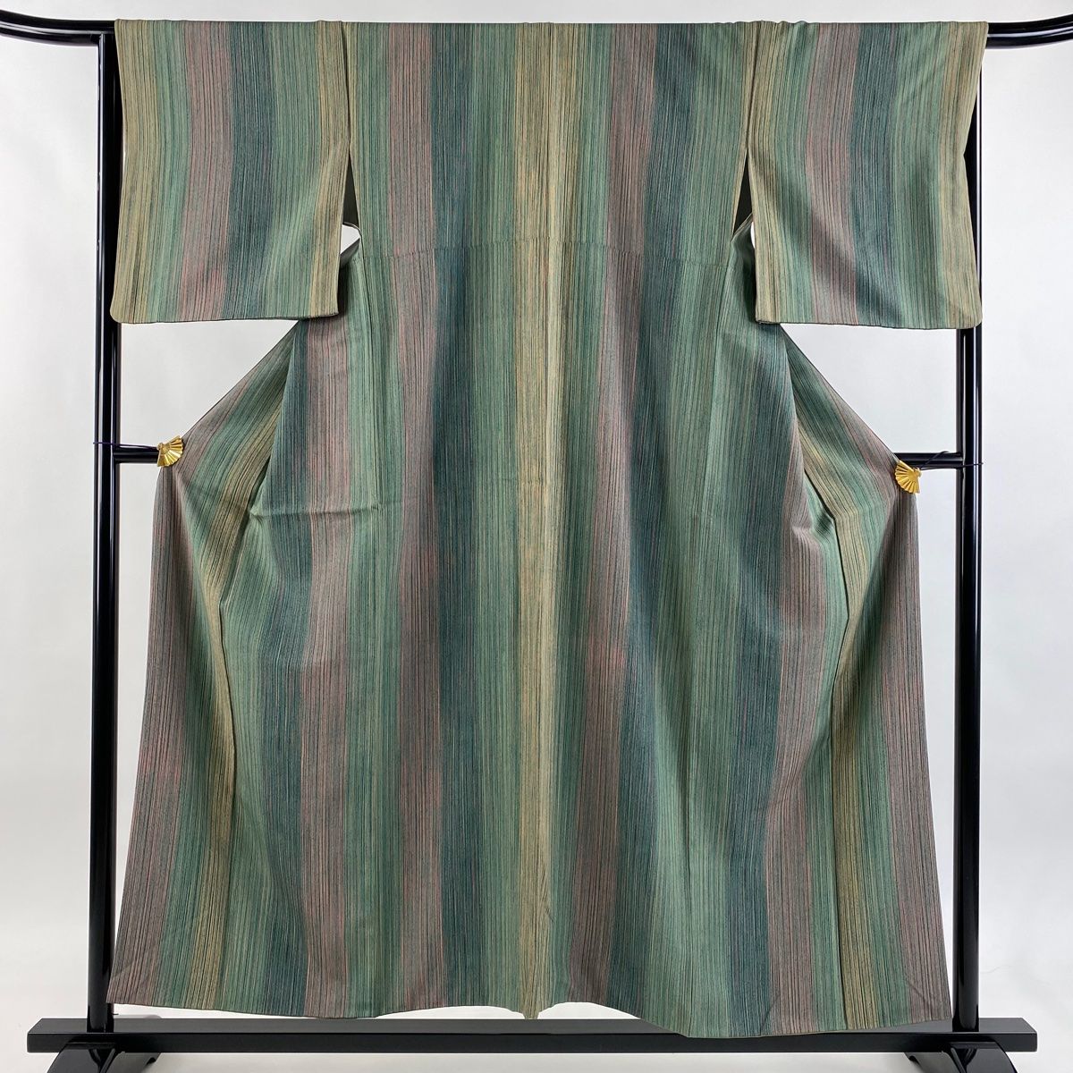 小紋 身丈154.5 cm 裄丈65.5 M 袷 縦縞 幾何学模様 緑 正絹 秀品