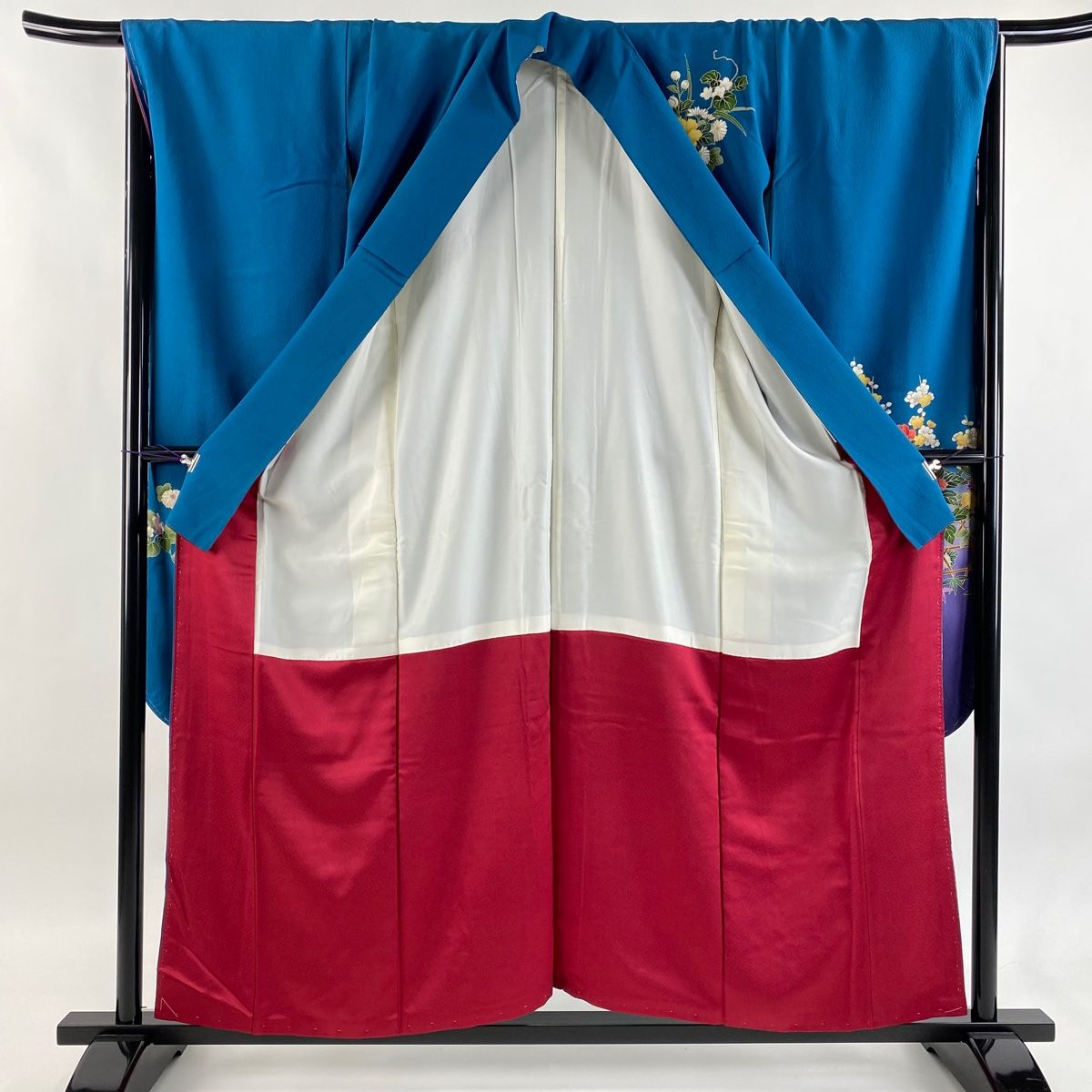  振袖 身丈156 cm 裄丈66.5 M 袷 牡丹 菊 金彩 ぼかし 青 正絹 秀品 振袖 着物