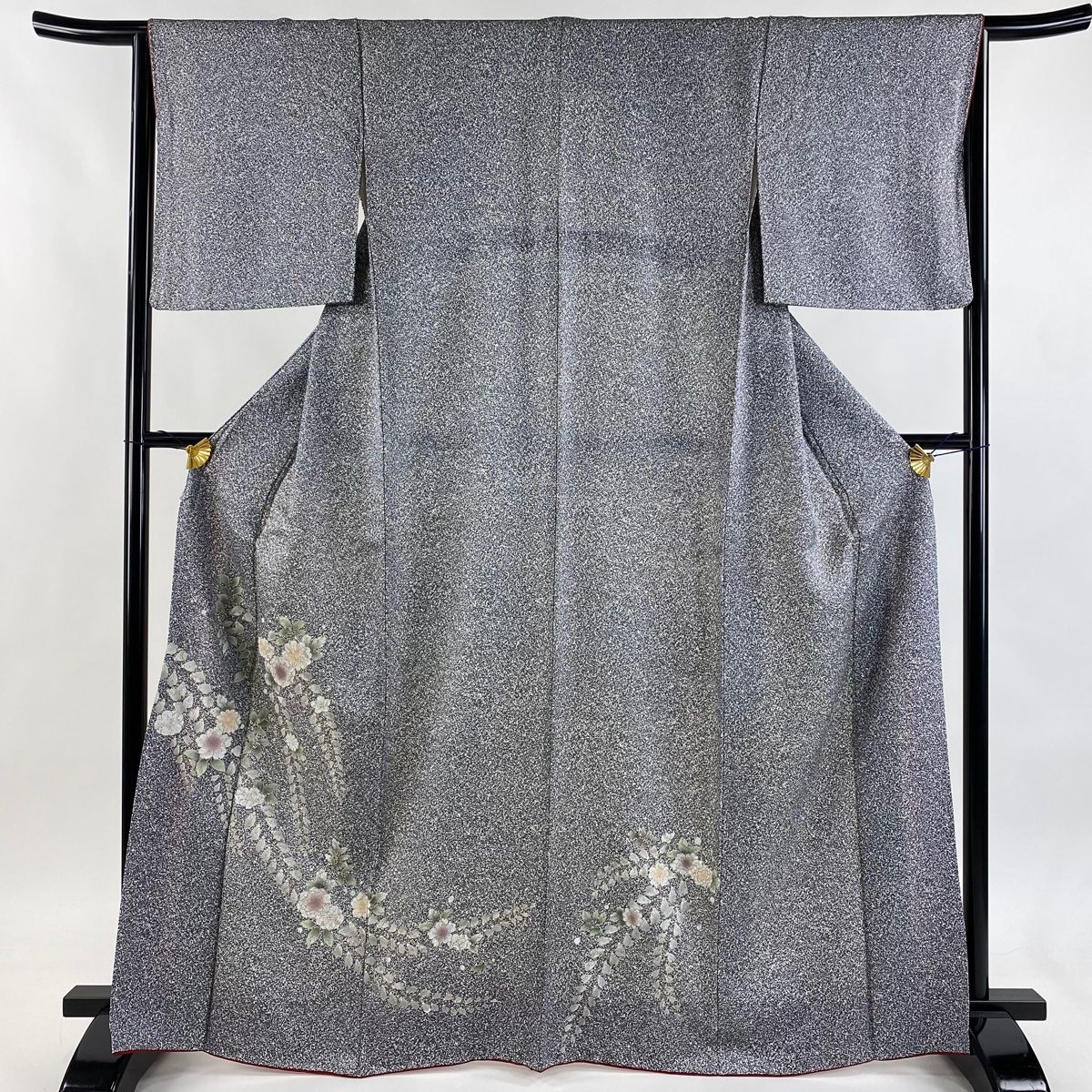 付下げ 身丈165.5 cm 裄丈65 M 袷 草花 幾何学模様 金彩 黒灰 正絹 秀品