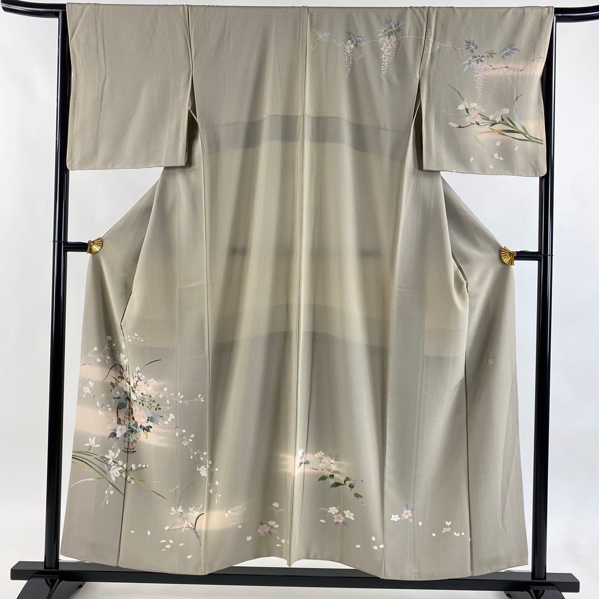 訪問着 身丈154.5 cm 裄丈64.5 M 袷 落款 花器 霞 ぼかし 灰茶 正絹 秀品