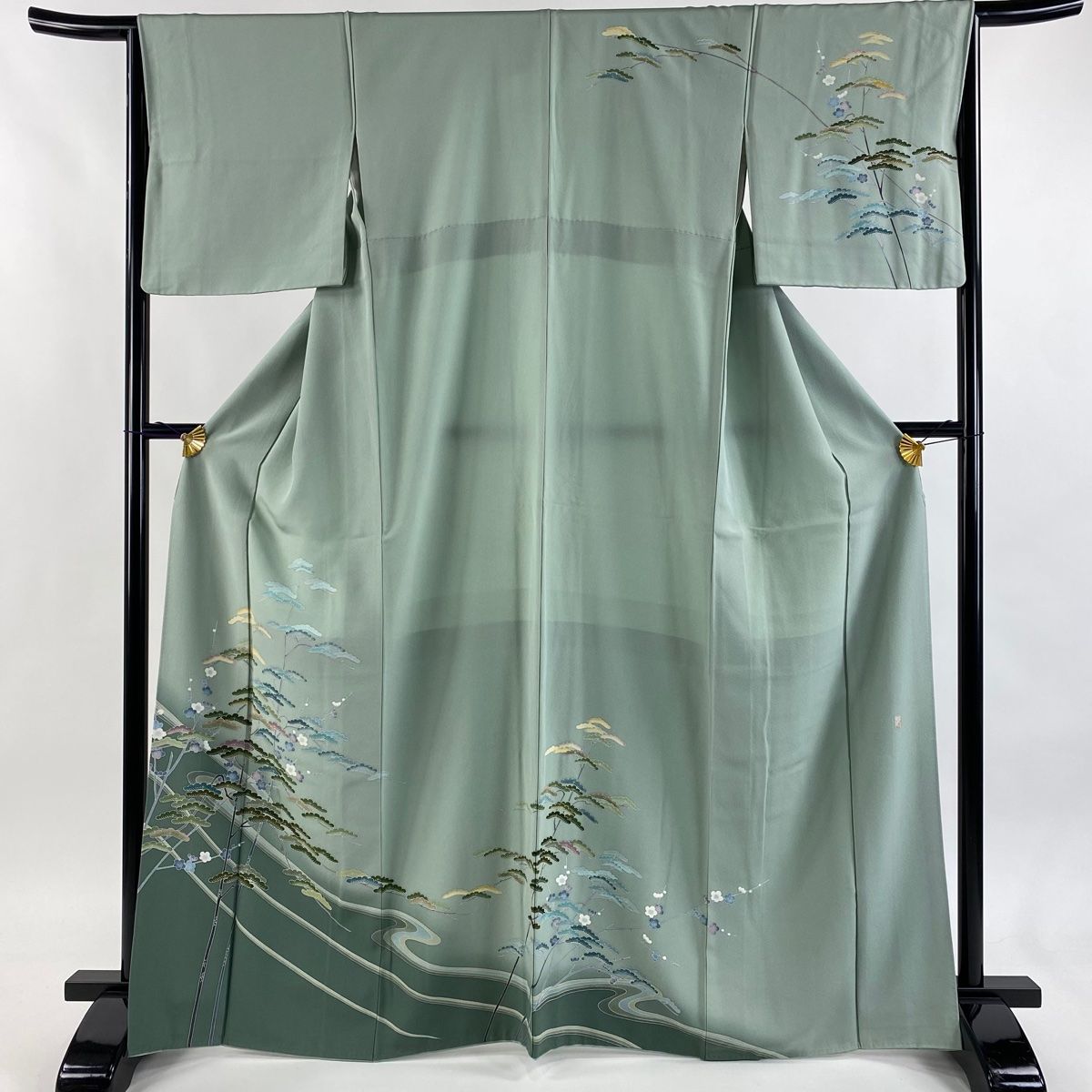 訪問着 身丈165.5 cm 裄丈65 M 袷 落款 松 梅 染め分け ぼかし 薄緑 正絹 秀品