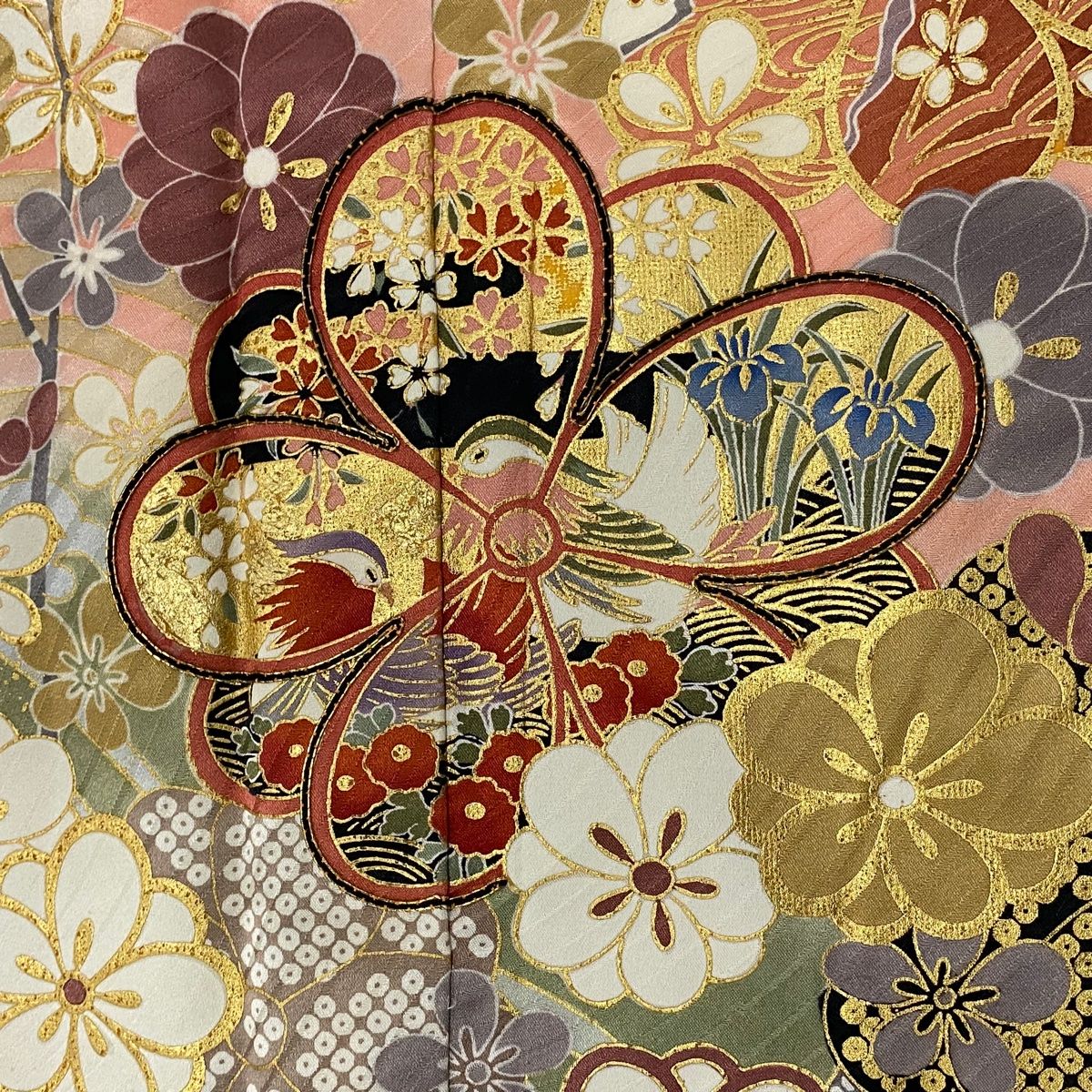  振袖 身丈158 5 cm 裄丈63 S 袷 枝梅 花鳥 金彩 金糸 茜色 正絹 秀品 振袖 着物