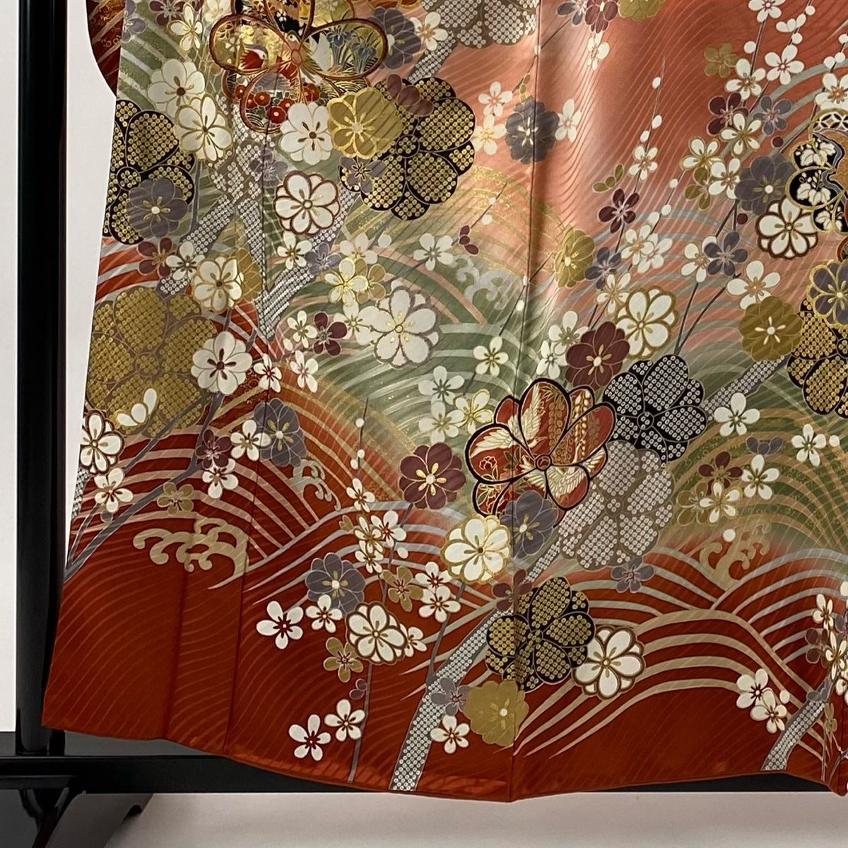 振袖 身丈158.5 cm 裄丈63.5 S 袷 枝梅 花鳥 金彩 金糸 茜色 正絹 秀品