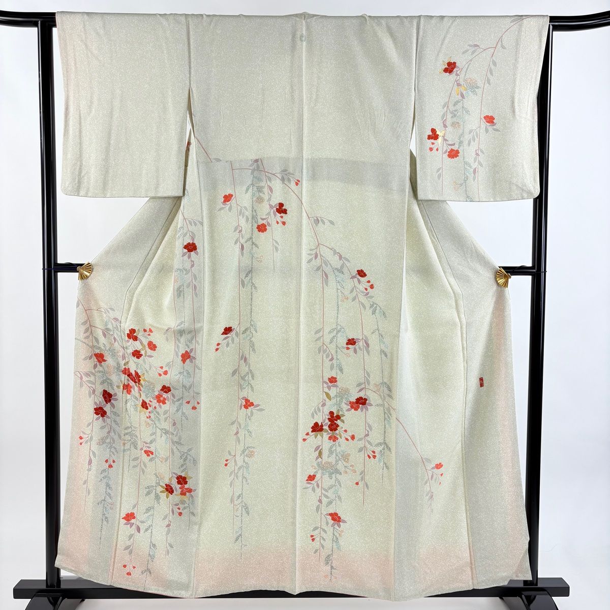 訪問着 身丈157 cm 裄丈64 5 M 袷 落款 枝垂れ桜 金彩 薄緑 正絹 秀品 一つ紋