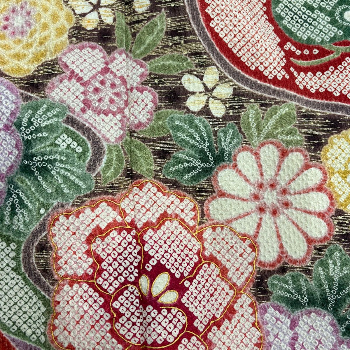  振袖 身丈156 cm 裄丈64 M 袷 牡丹 菊 金彩 絞り 赤 正絹 秀品 振袖 着物