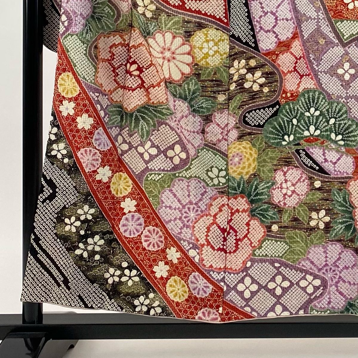 振袖 身丈156 cm 裄丈64 M 袷 牡丹 菊 金彩 絞り 赤 正絹 秀品