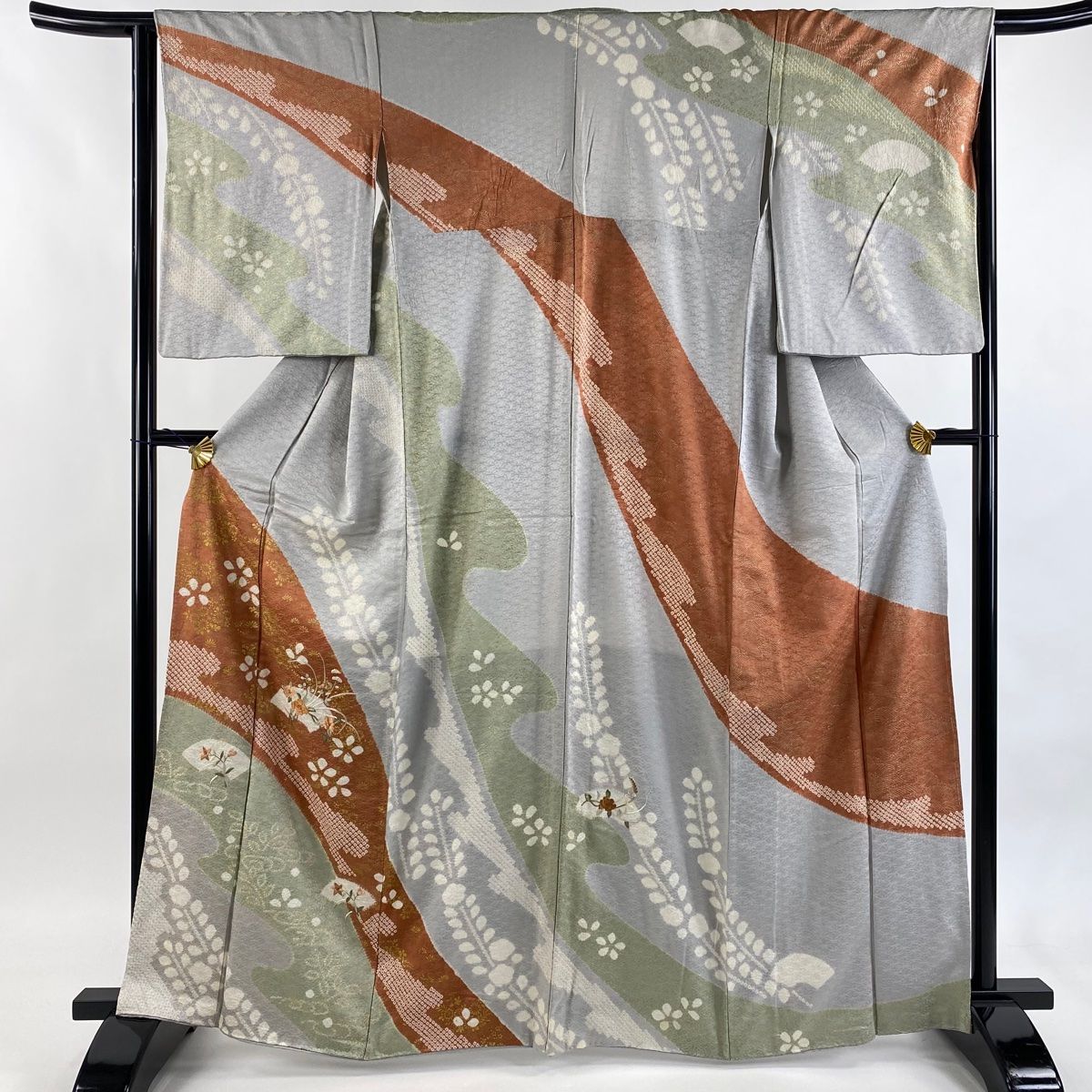 訪問着 身丈165 cm 裄丈64 M 袷 扇面 草花 刺繍 絞り 青灰色 正絹 秀品