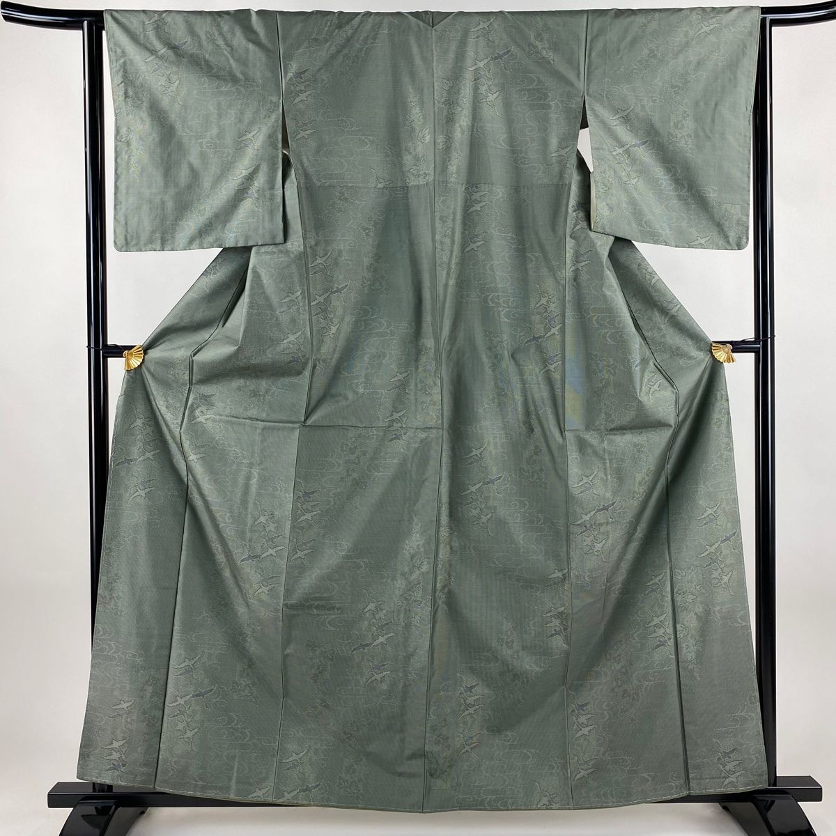 紬 身丈161 5 cm 裄丈64 M 袷 やまと 鳥 観世水 灰緑 正絹 秀品