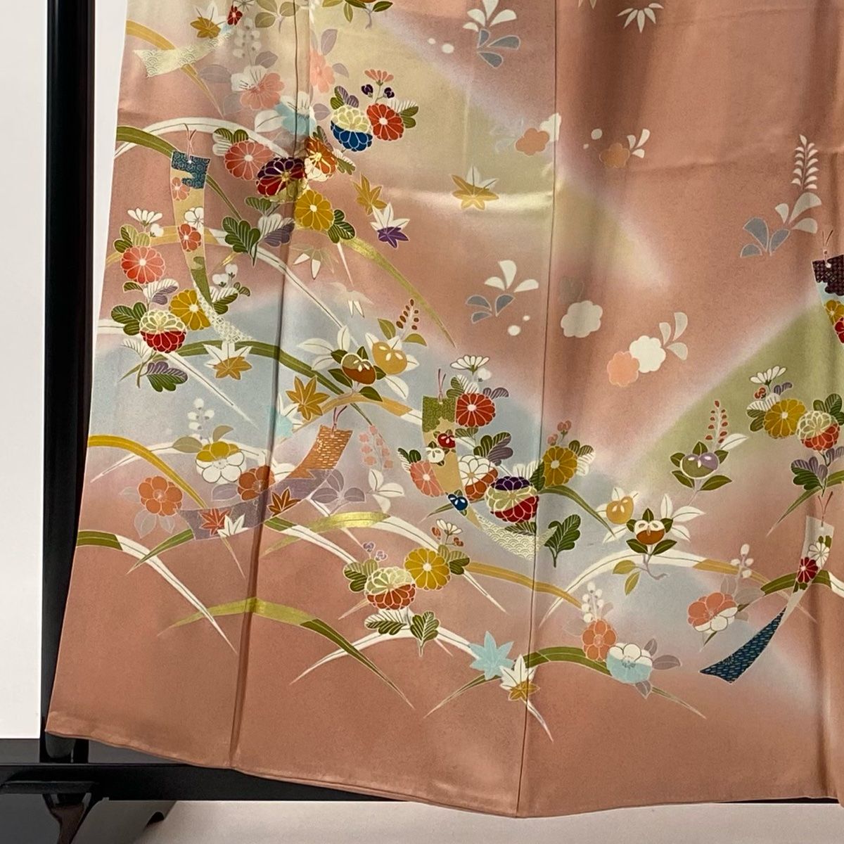 訪問着 身丈160 cm 裄丈63 S 袷 短冊 草花 金糸 金彩 ピンク 正絹 秀品