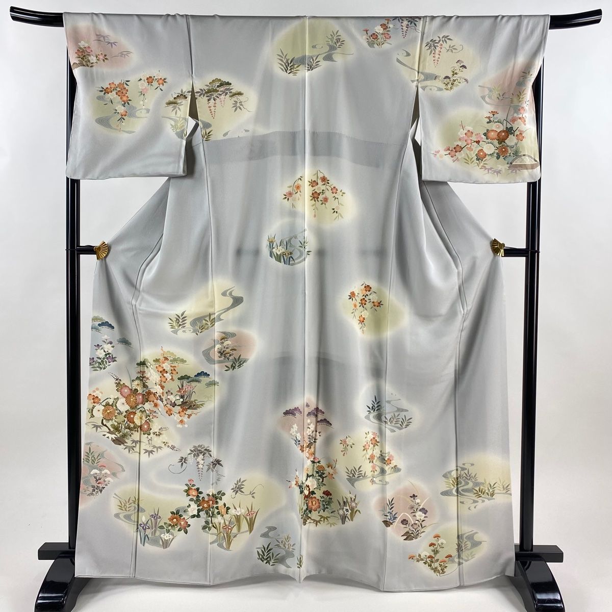 訪問着 身丈167 cm 裄丈68 L 袷 菊 松竹梅 金糸 ぼかし 灰色 正絹 秀品