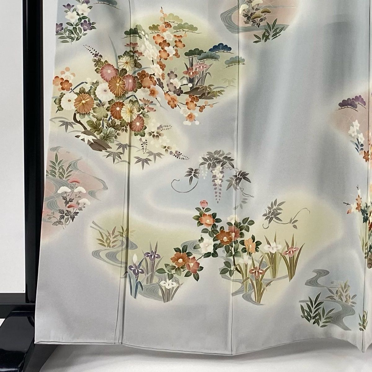訪問着 身丈167 cm 裄丈68 L 袷 菊 松竹梅 金糸 ぼかし 灰色 正絹 秀品