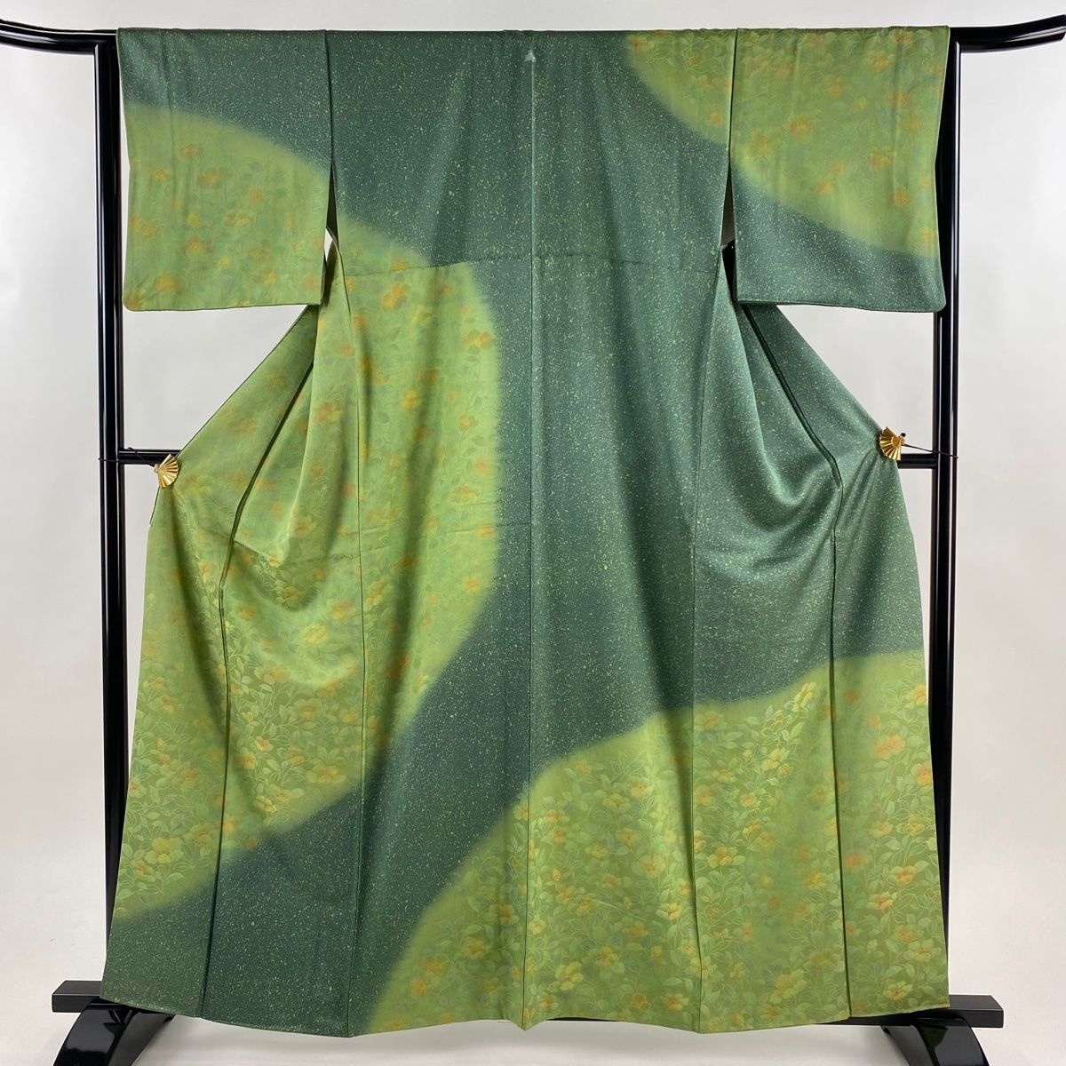 訪問着 身丈161 5 cm 裄丈63 S 袷 草花 幾何学模様 染分け ぼかし 黄緑色 正絹 秀品 一つ紋