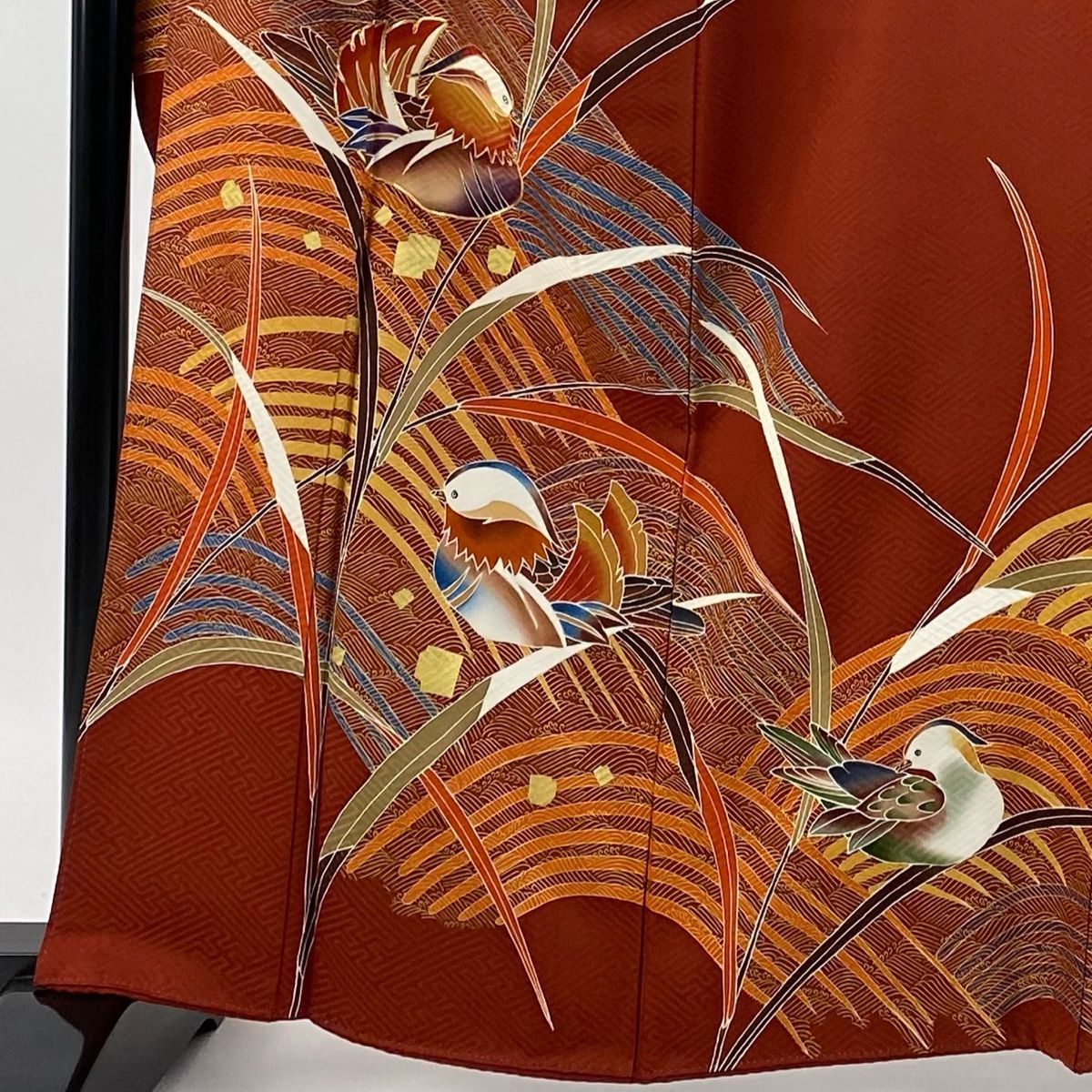 振袖 身丈162 5 cm 裄丈66 M 袷 鴛鴦 波 金糸 金彩 赤茶 正絹 秀品