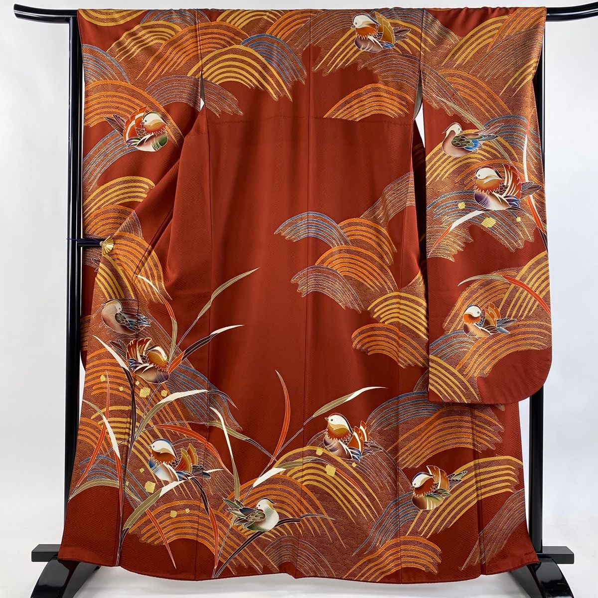 振袖 身丈162 5 cm 裄丈66 M 袷 鴛鴦 波 金糸 金彩 赤茶 正絹 秀品