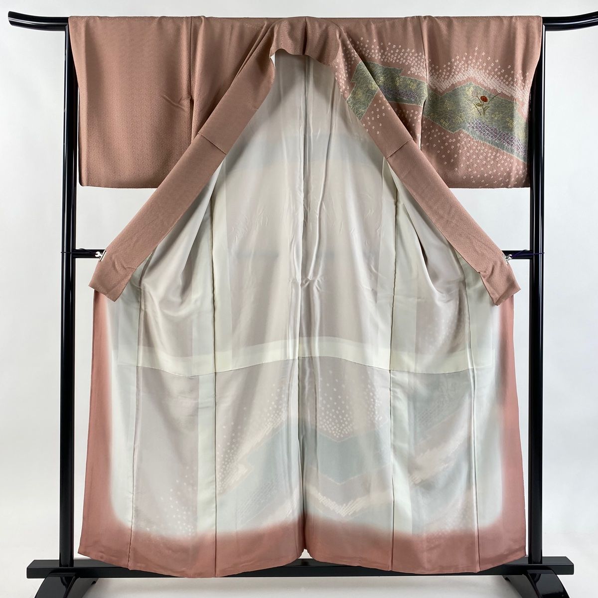  訪問着 身丈157.5 cm 裄丈66 M 袷 椿 草花 刺繍 絞り 灰桜 正絹 秀品 訪問着 付け下げ 着物