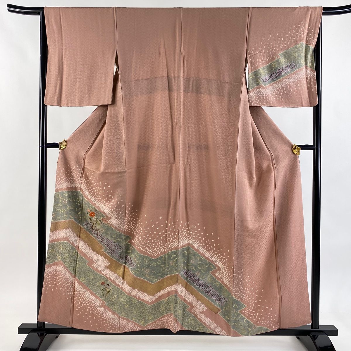 訪問着 身丈157 5 cm 裄丈66 M 袷 椿 草花 刺繍 絞り 灰桜 正絹 秀品