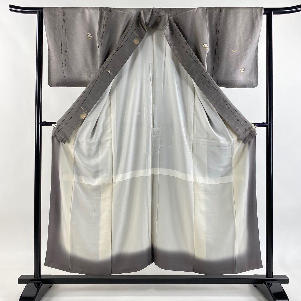  小紋 身丈154.5 cm 裄丈61.5 S 袷 結び文 縦ぼかし 灰紫 正絹 秀品 小紋 着物