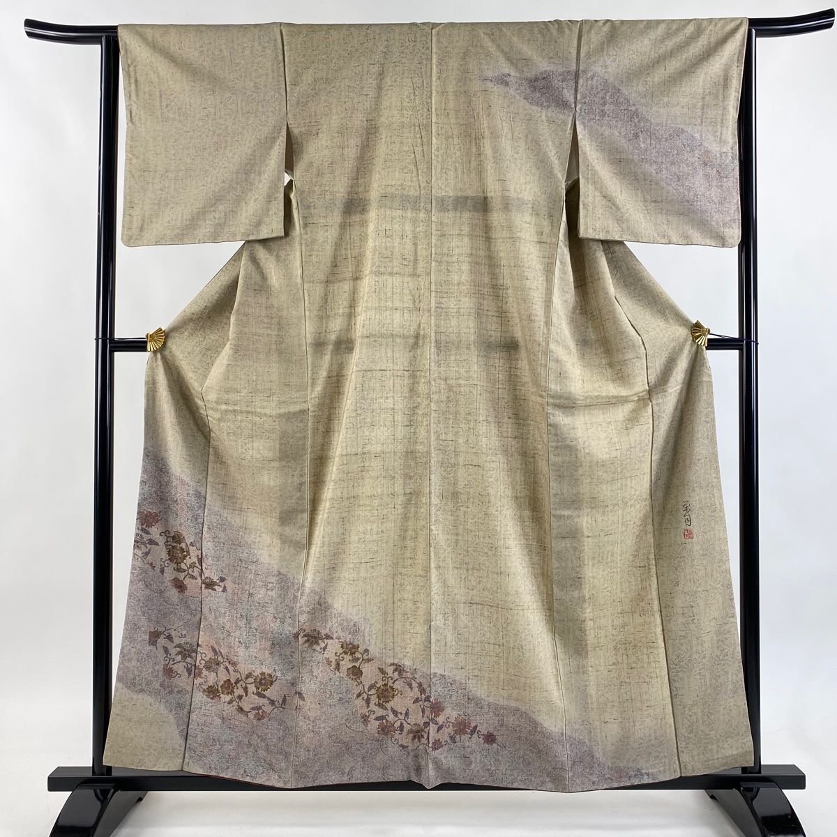 訪問着 身丈160 cm 裄丈63.5 S 袷 紬地 落款 花唐草 金彩 ぼかし 灰茶 正絹 秀品
