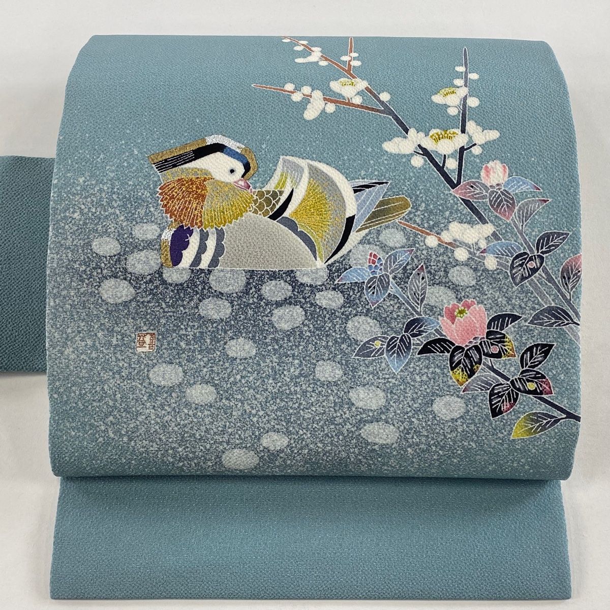 名古屋帯 羽田登喜 落款 鴛鴦 枝梅 金銀彩 縮緬 水色 正絹 プリーツ 多色展開