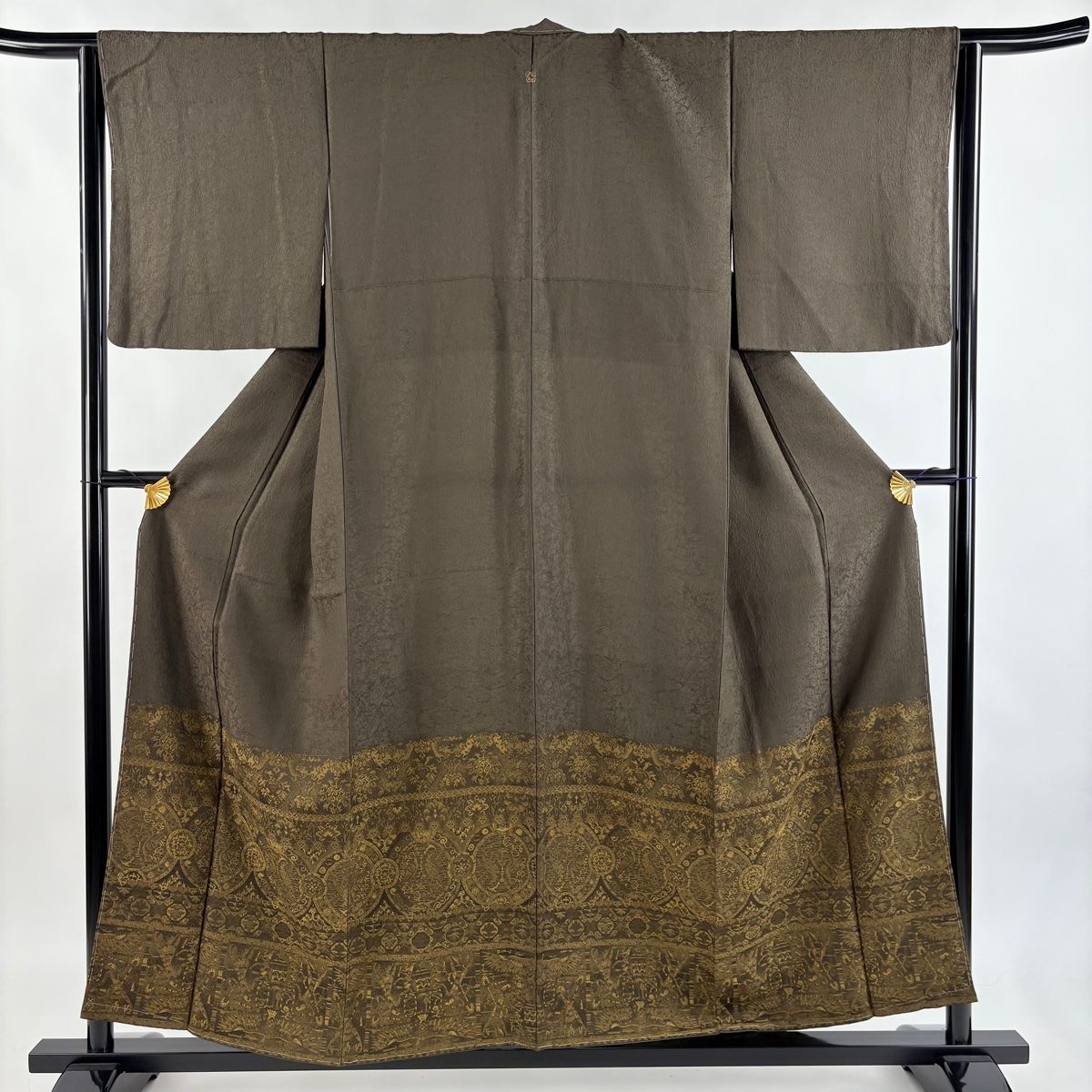 付下げ 身丈157 cm 裄丈65 M 袷 動物 地紋 茶緑色 正絹 一つ紋