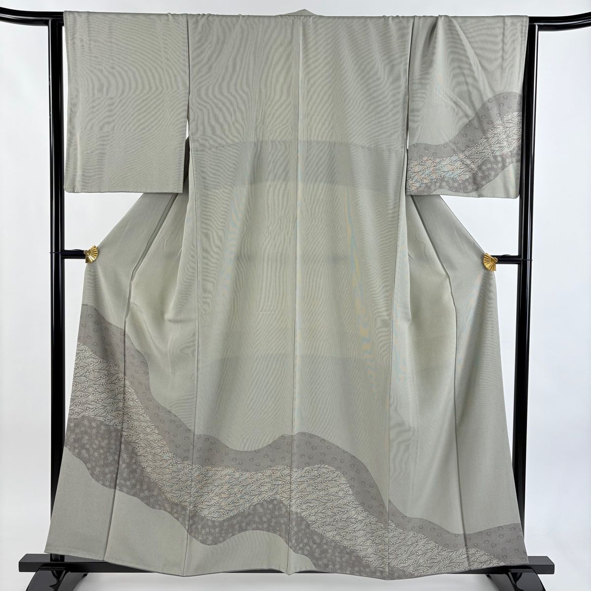 【美品】 付下げ 身丈157cm 裄丈66cm M 袷 落款 江戸小紋柄 菊唐草 灰緑 正絹 名品 一つ紋 【】