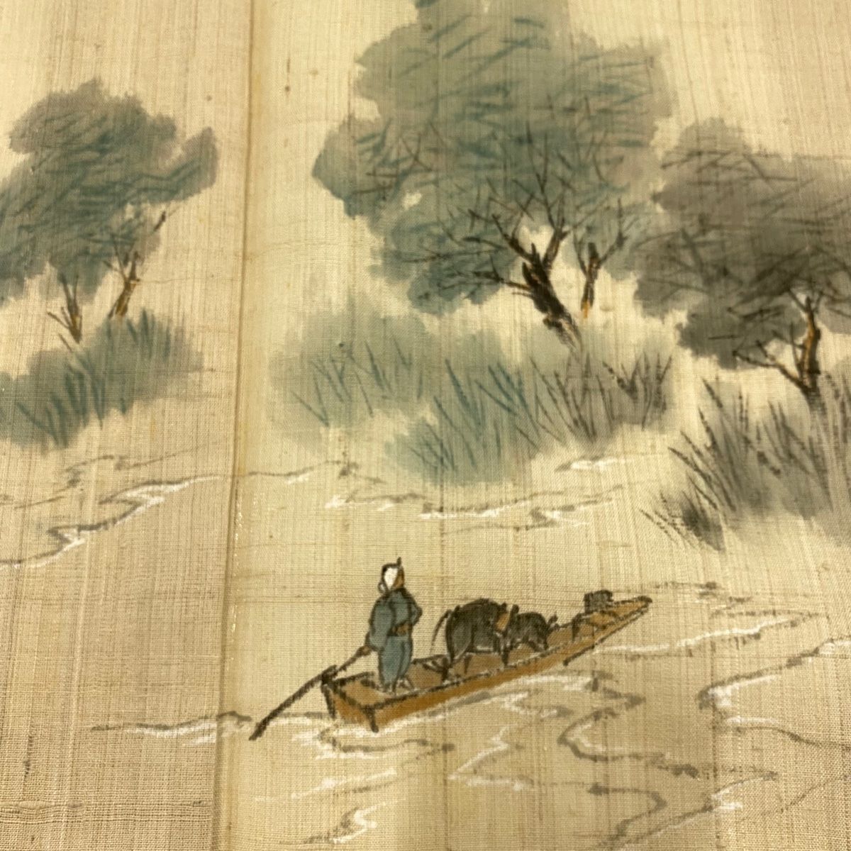  付下げ 身丈155 5 cm 裄丈65 M 薄物 舟 樹木 ベージュ 正絹 訪問着 付け下げ 着物