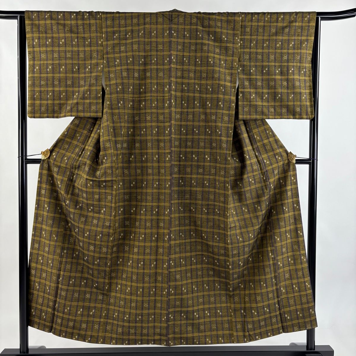 紬 身丈153 cm 裄丈65 M 袷 格子 幾何学模様 茶緑色 正絹