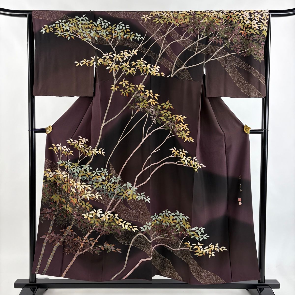 訪問着 身丈153 cm 裄丈66 M 袷 落款 樹木 金彩 濃紫 正絹