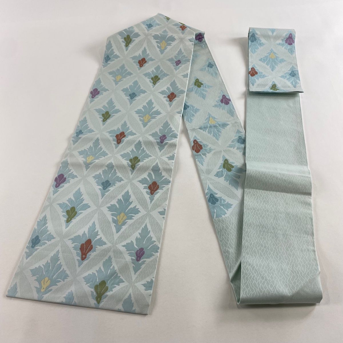  名古屋帯 秀品 葉柄 幾何学模様 水色 正絹 名古屋帯 帯