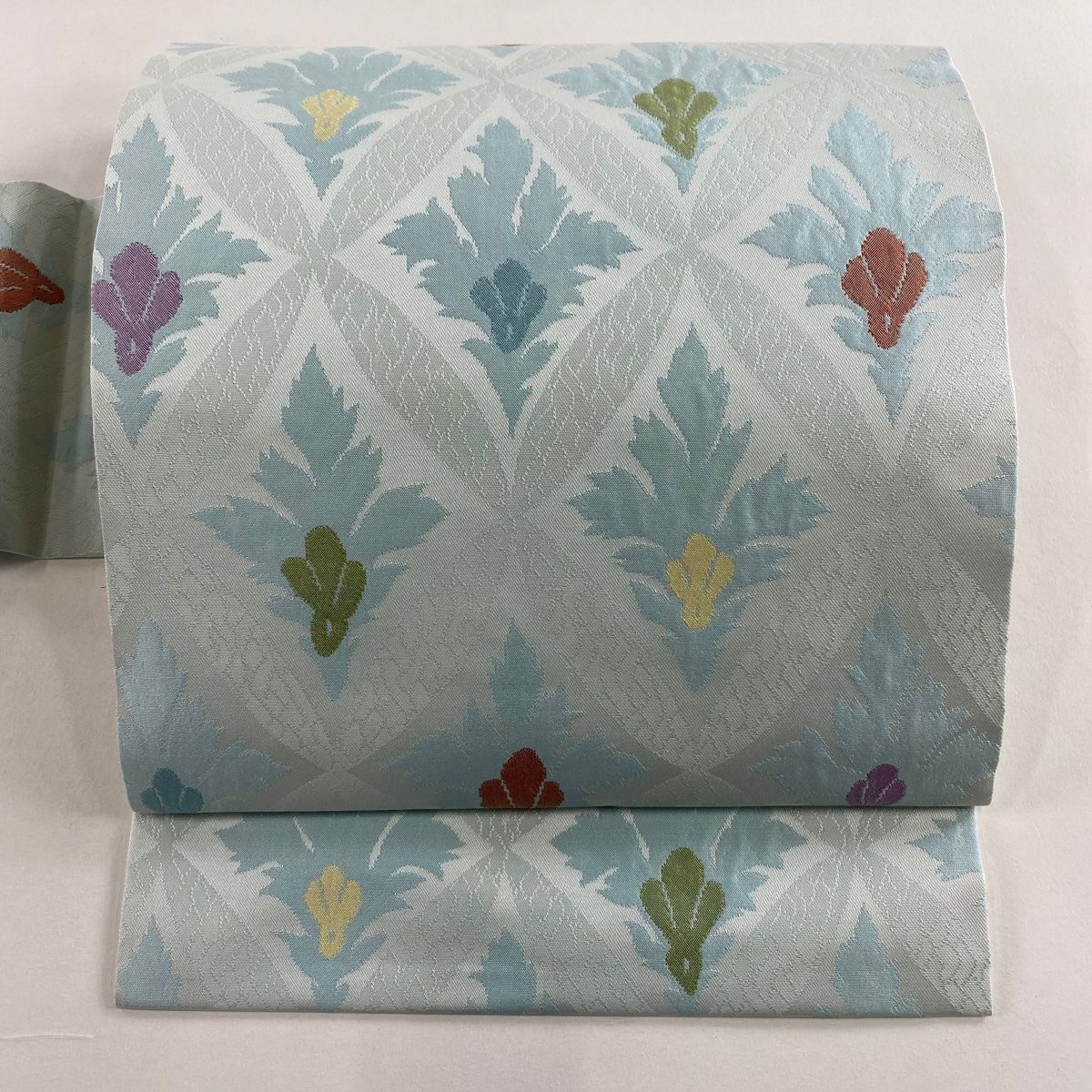 名古屋帯 秀品 葉柄 幾何学模様 水色 正絹