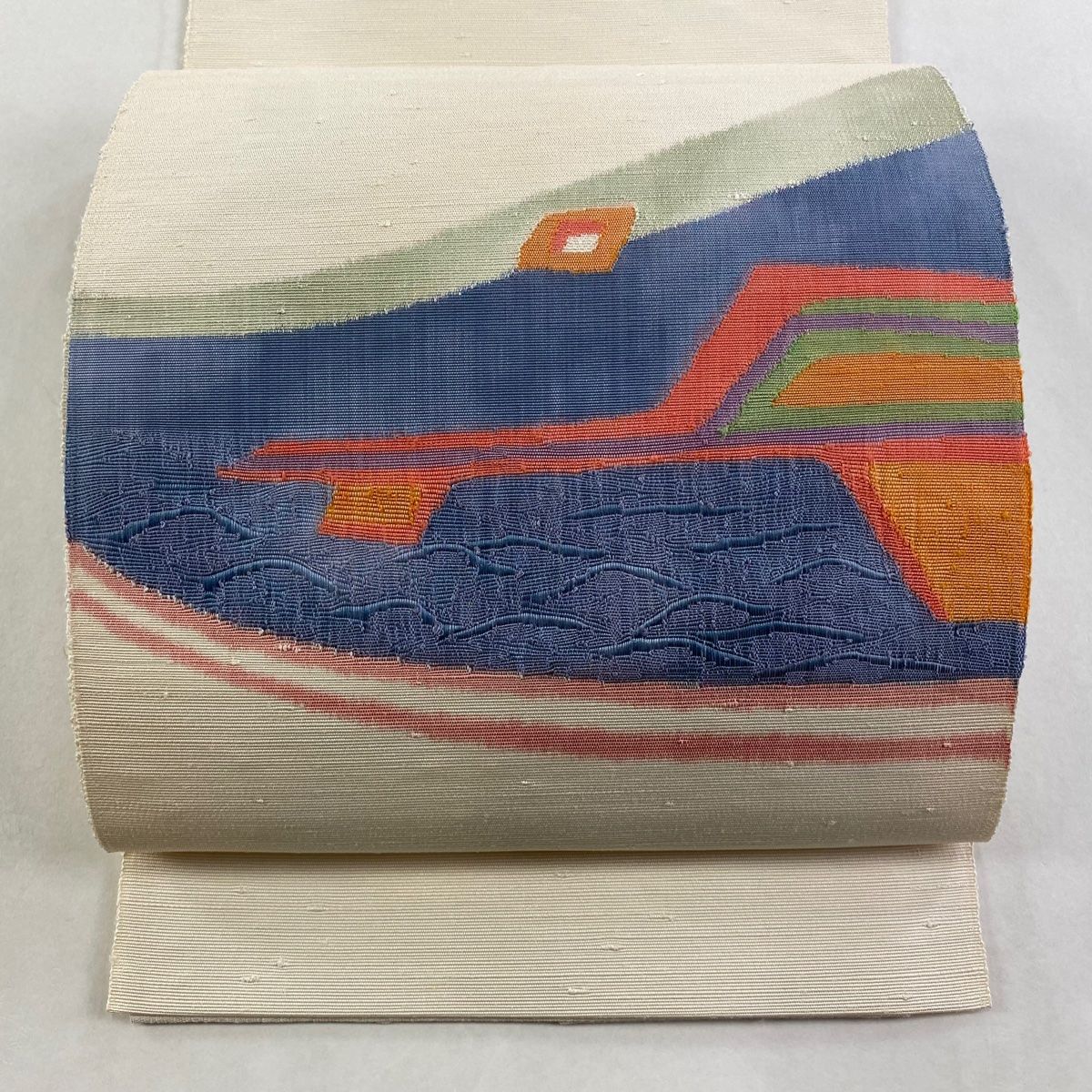 名古屋帯 秀品 八寸名古屋帯 松葉仕立て 幾何学模様 波 クリーム 正絹