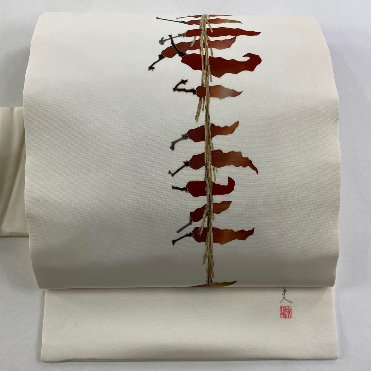 名古屋帯 秀品 落款 唐辛子 金彩 ぼかし クリーム 正絹