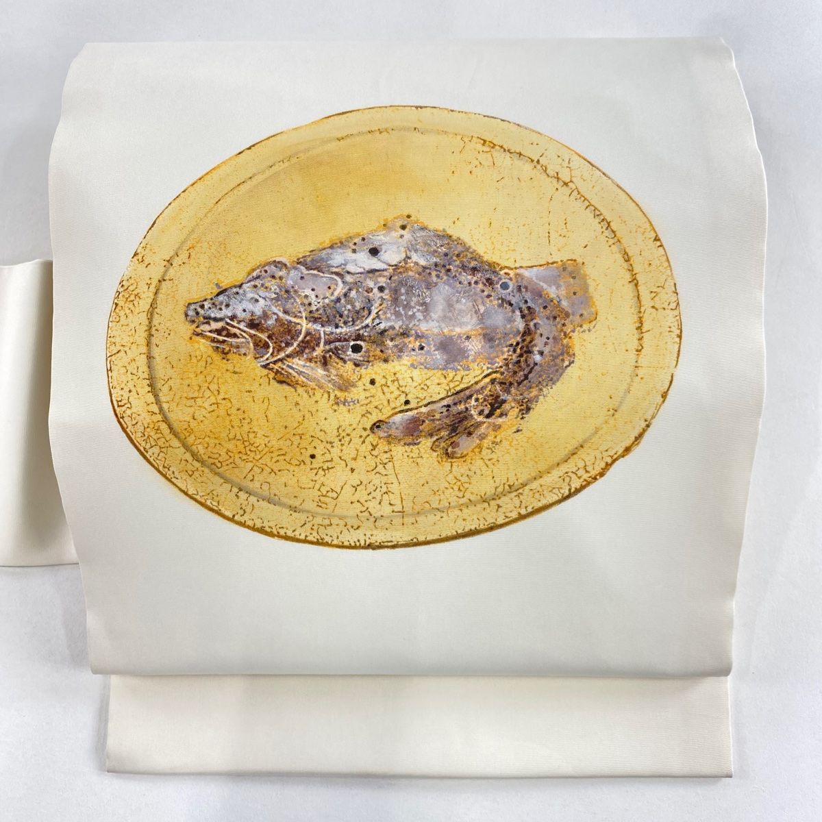 名古屋帯 秀品 落款 北大路魯山人 魚 クリーム 正絹