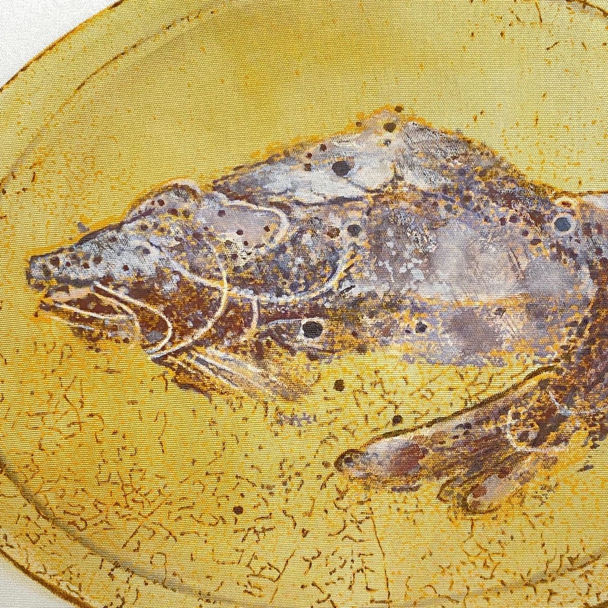 名古屋帯 秀品 落款 北大路魯山人 魚 クリーム 正絹