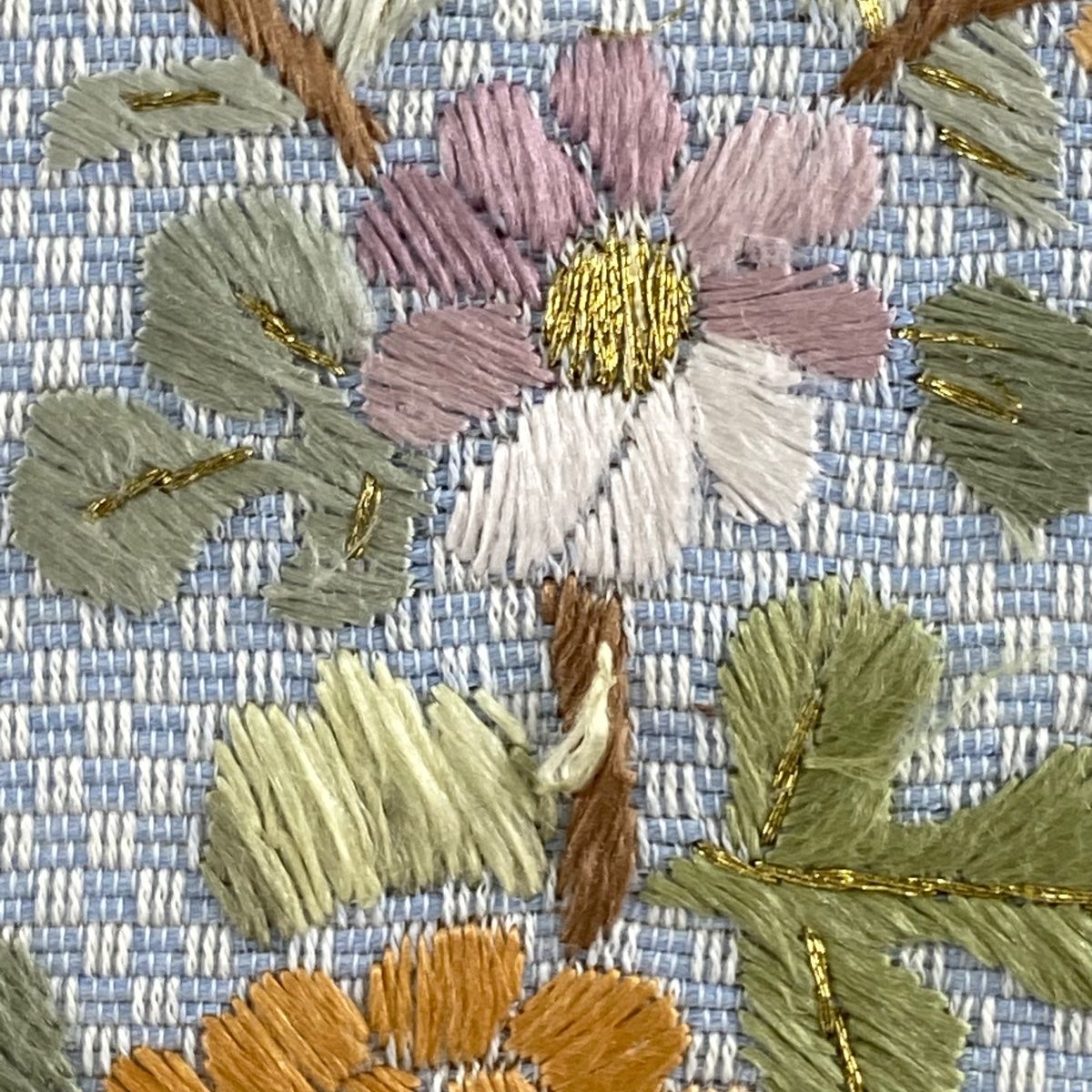  名古屋帯 秀品 草花 枝花 刺繍 金糸 水色 正絹 名古屋帯 帯